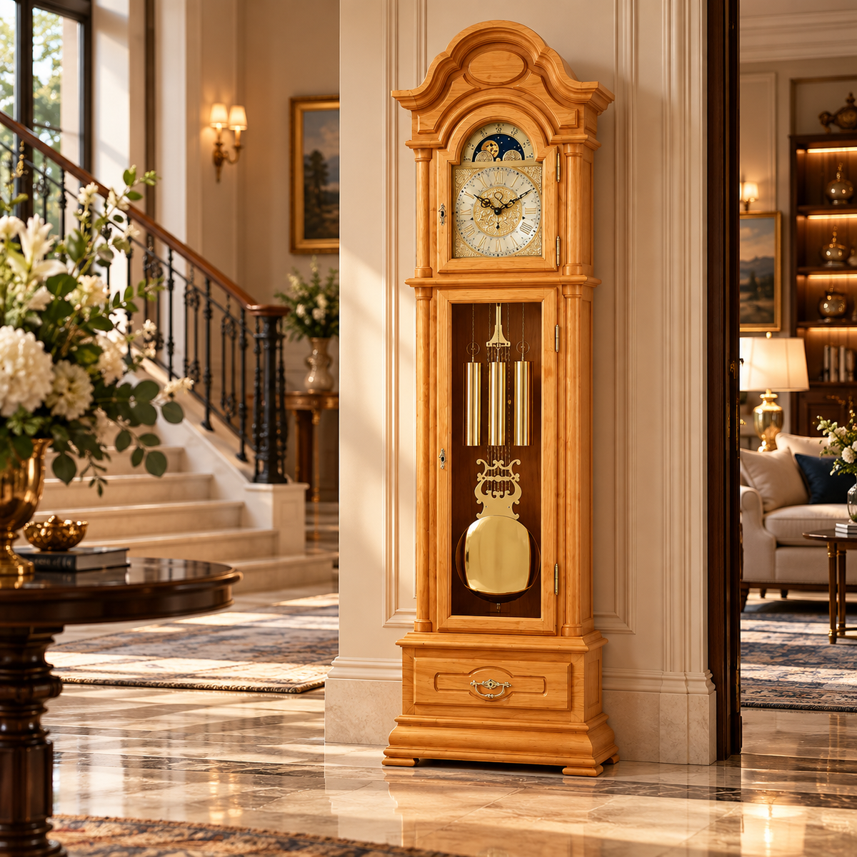 AstraDesign Standuhr aus hellem Holz mit Messingpendel und klassischem Zifferblatt