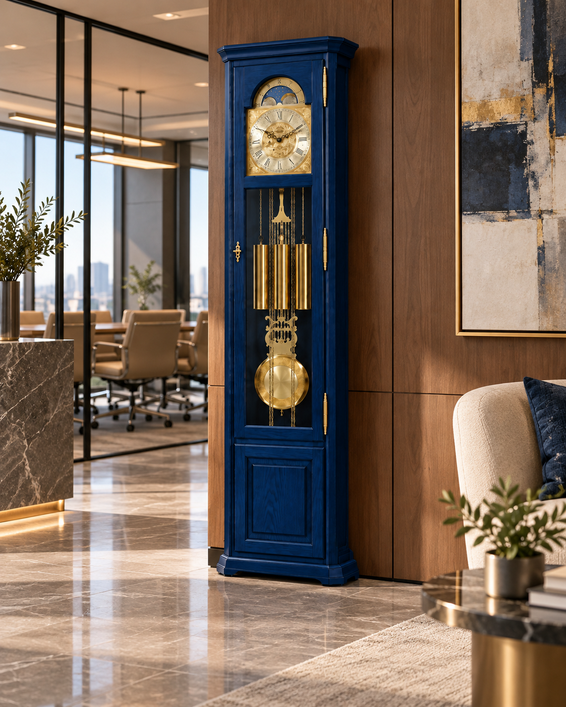 Astra Design AD210-04B Standuhr „Rheingold“ in Königsblau aus massiver Eiche