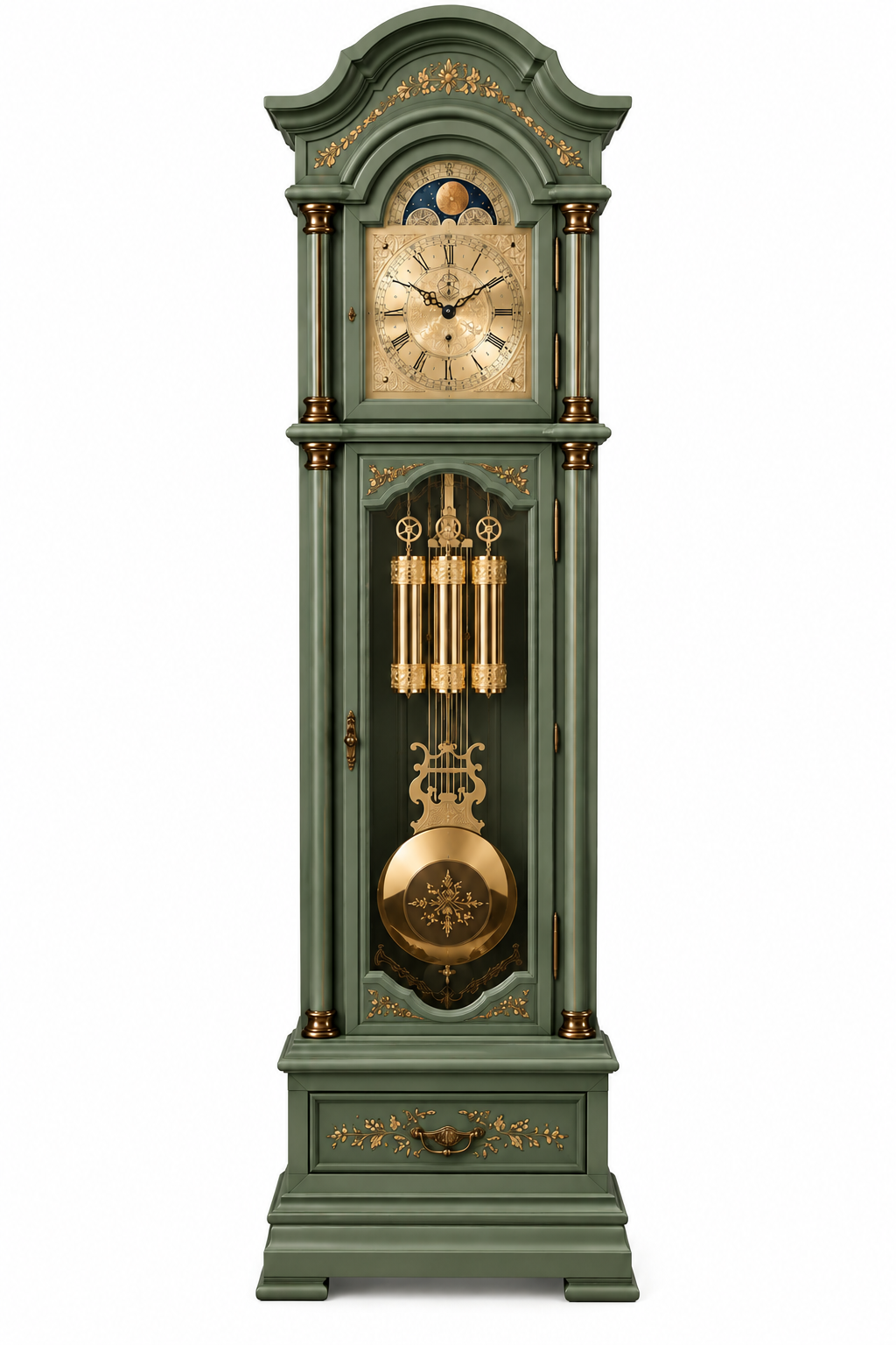 Astra Design AD210-02MG Standuhr „Residenz“ in Grün matt aus massiver Eiche