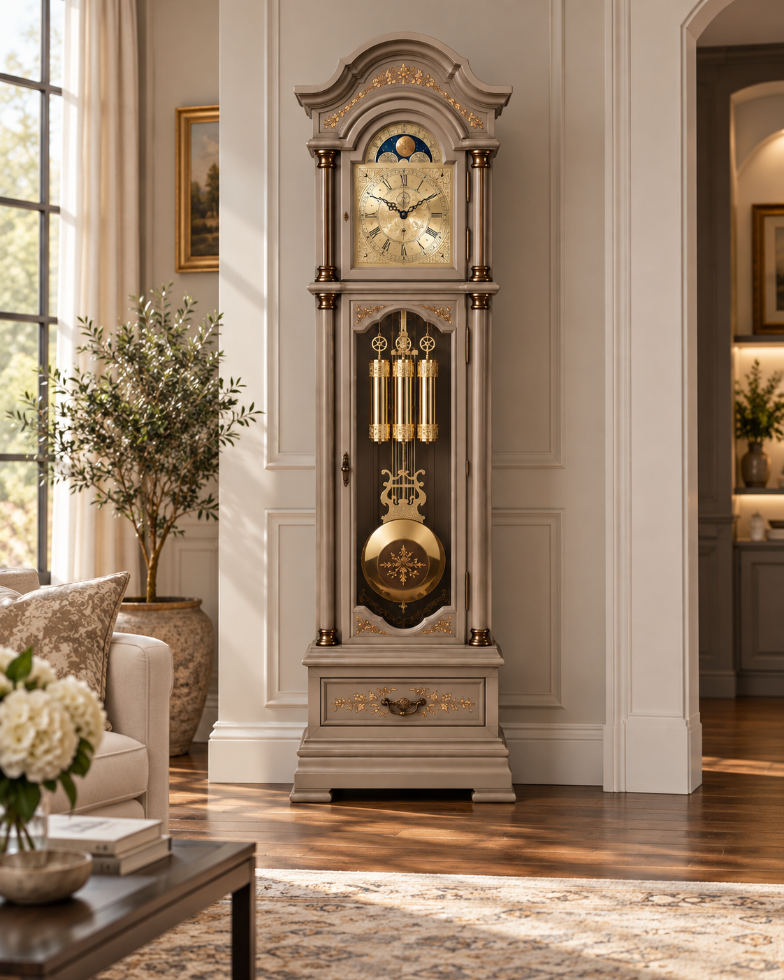 Astra Design AD210-02GB Standuhr „Residenz“ in Greige matt und dunklen Bronze aus massiver Eiche
