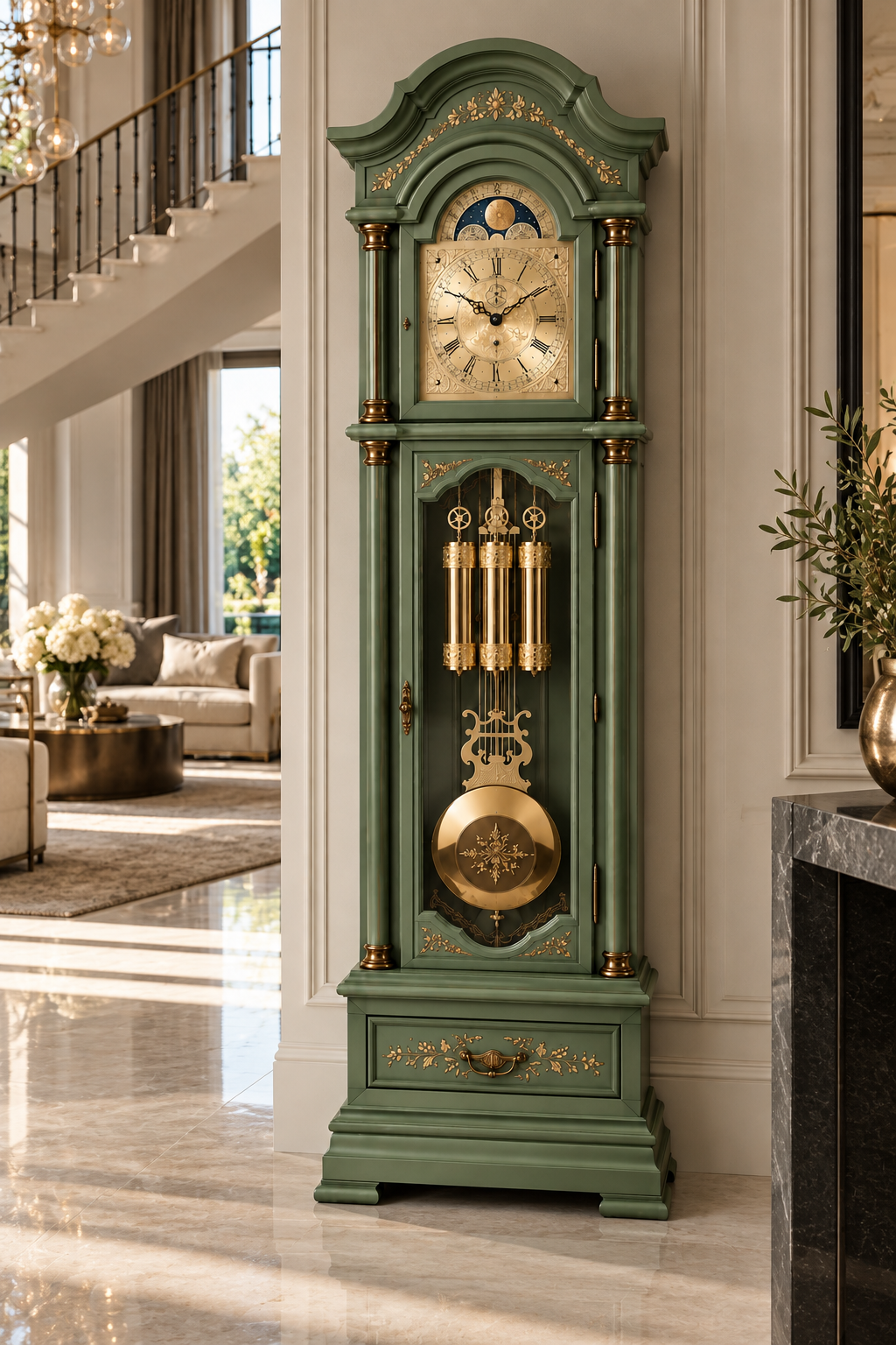 Astra Design AD210-02MG Standuhr „Residenz“ in Grün matt aus massiver Eiche