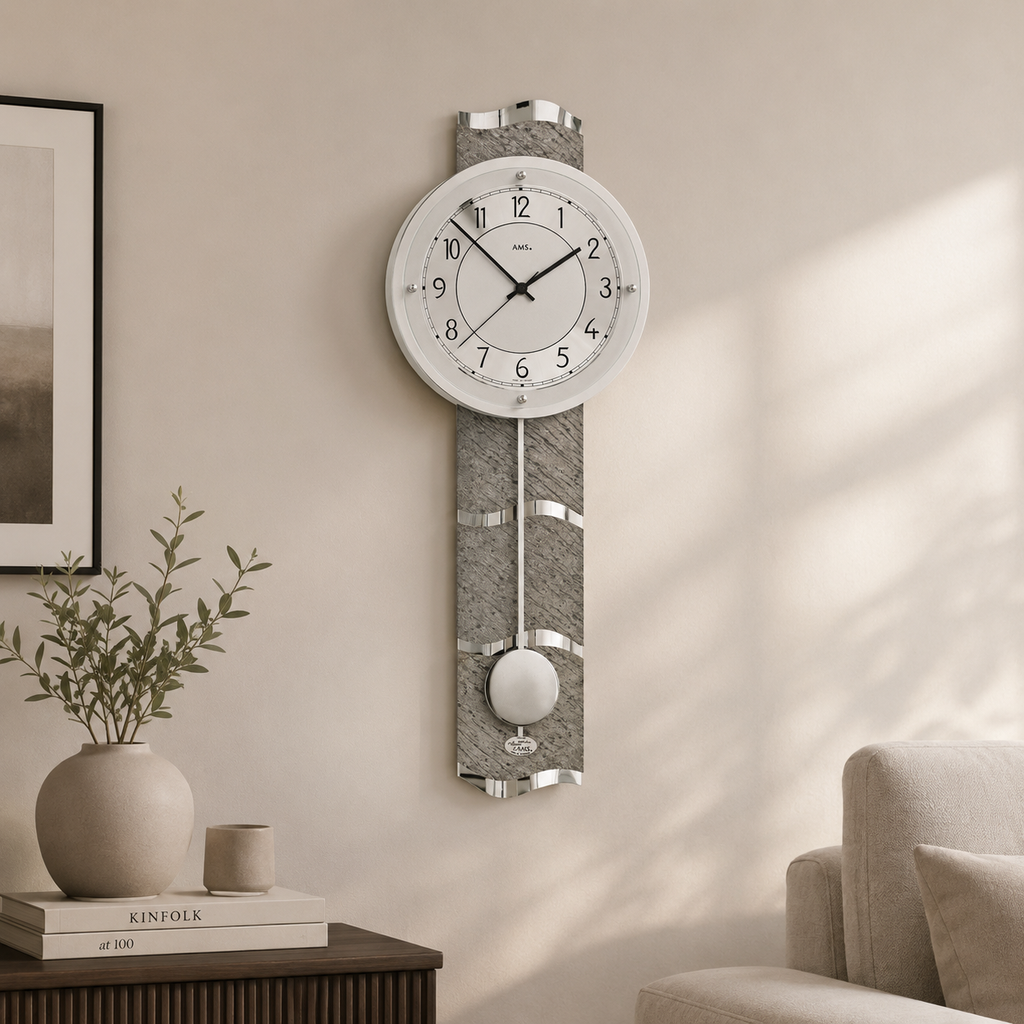 AMS F5216 Pendel-Funkwanduhr mit Naturstein und Aluminium
