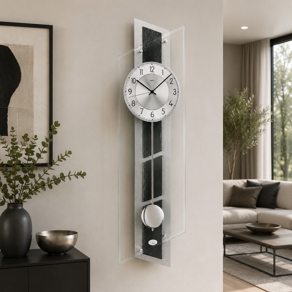 AMS F5217 Pendel-Funkwanduhr mit Aluminium und Schiefer-Auflage