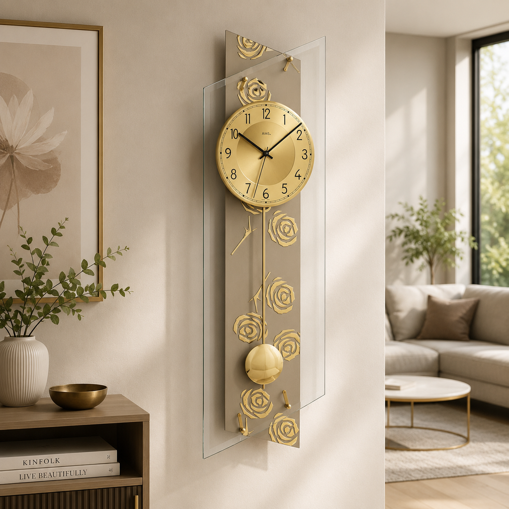 AMS F5223 Pendel-Funkwanduhr mit Aluminium und Rosendekor