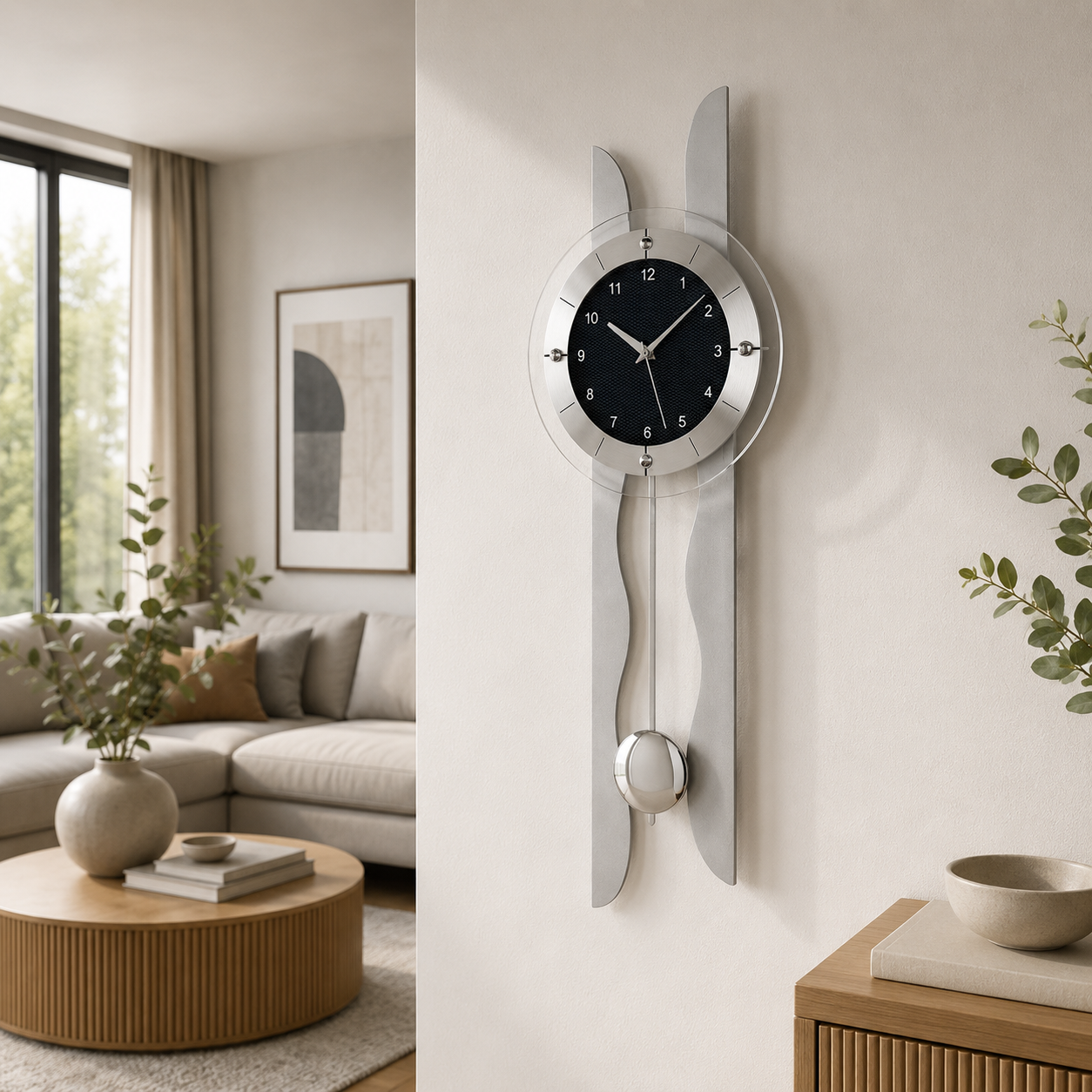 AMS F5243 Pendel-Funkwanduhr mit silberlackierter Holzrückwand