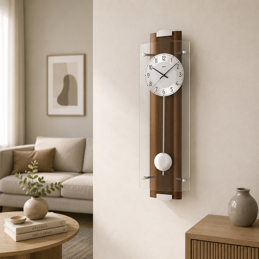 AMS F5259-1 Pendel-Funkwanduhr mit Nussbaum-Massivholzrückwand