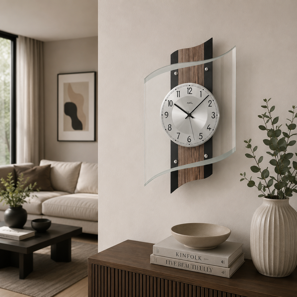 AMS F5519 Funkwanduhr mit Fossilstruktur-Aluminium-Veredelung