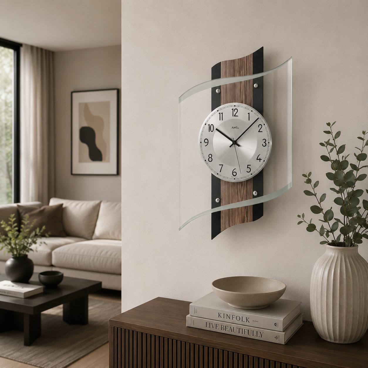 AMS F5519 Funkwanduhr mit Fossilstruktur-Aluminium-Veredelung
