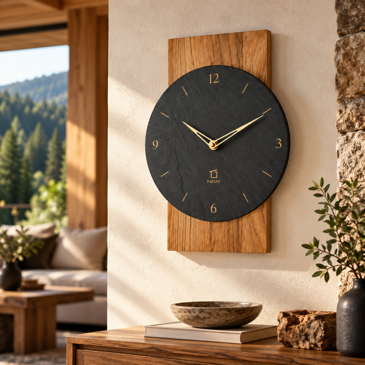 Natuhr Wanduhr aus Massivholz und echtem Schiefer mit goldfarbenen Zeigern