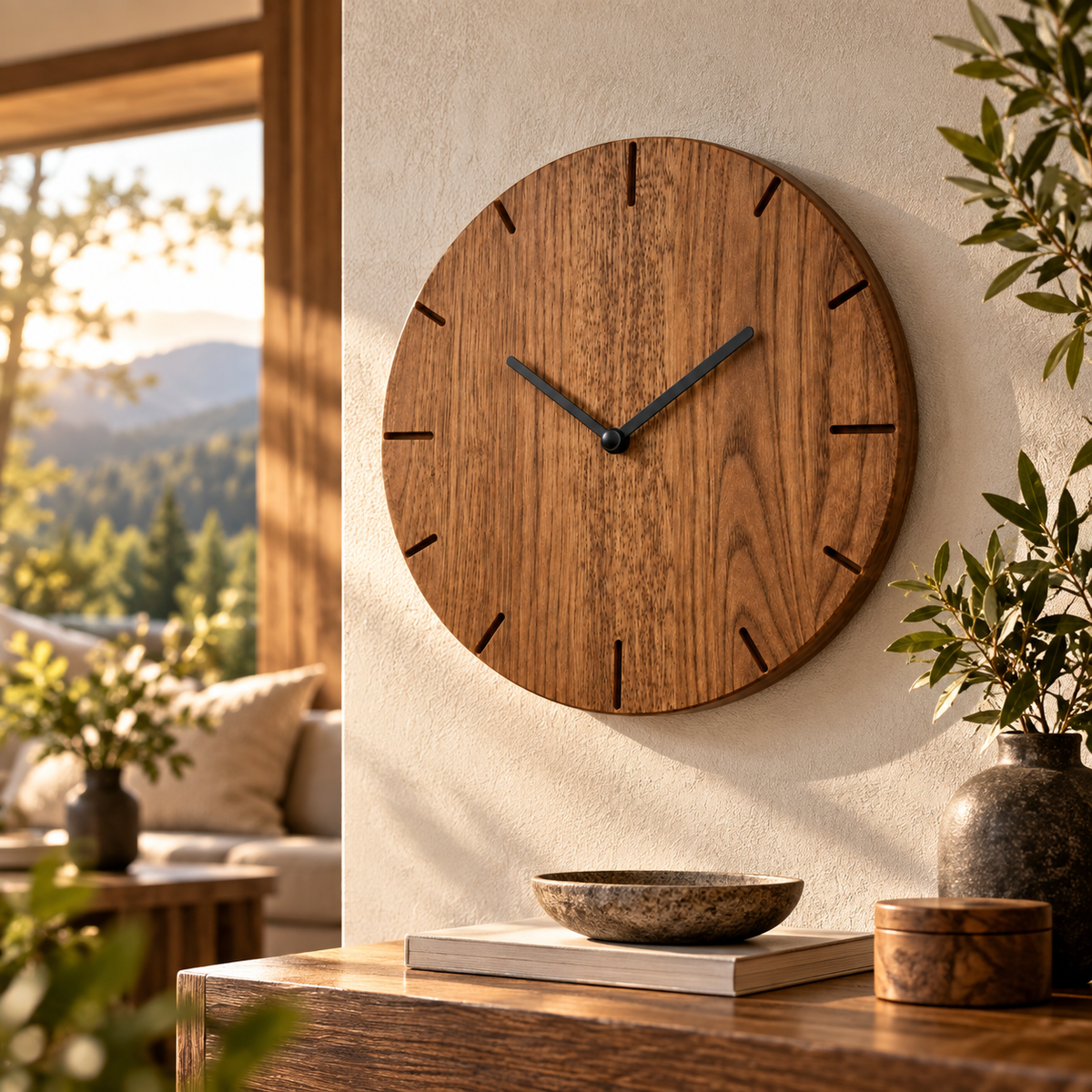 Runde Natuhr Wanduhr aus dunklem Massivholz in modernem natürlichen Wohnraum