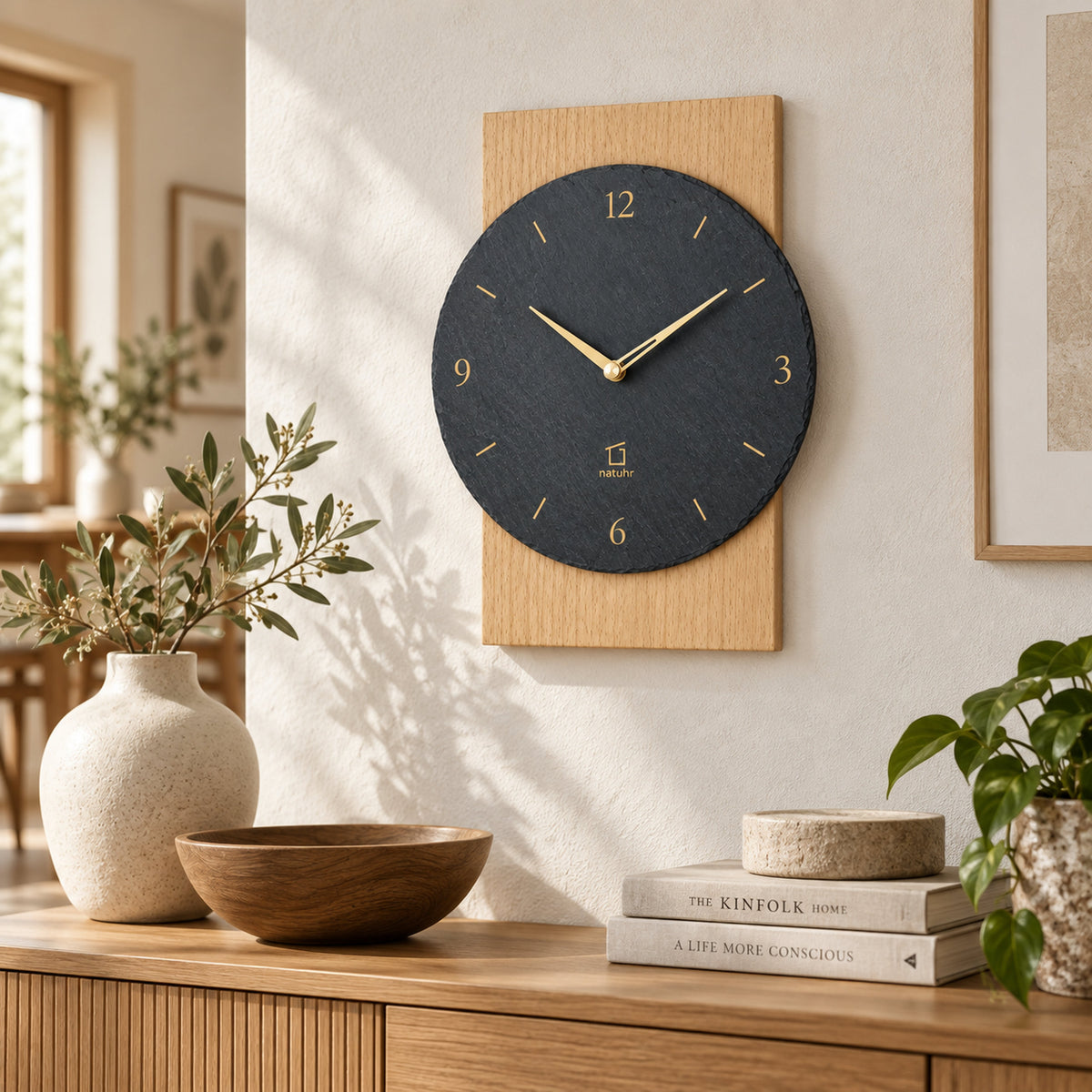 Natuhr F4000B Steineiche Funkwanduhr aus Massivholz Buche mit Schiefer