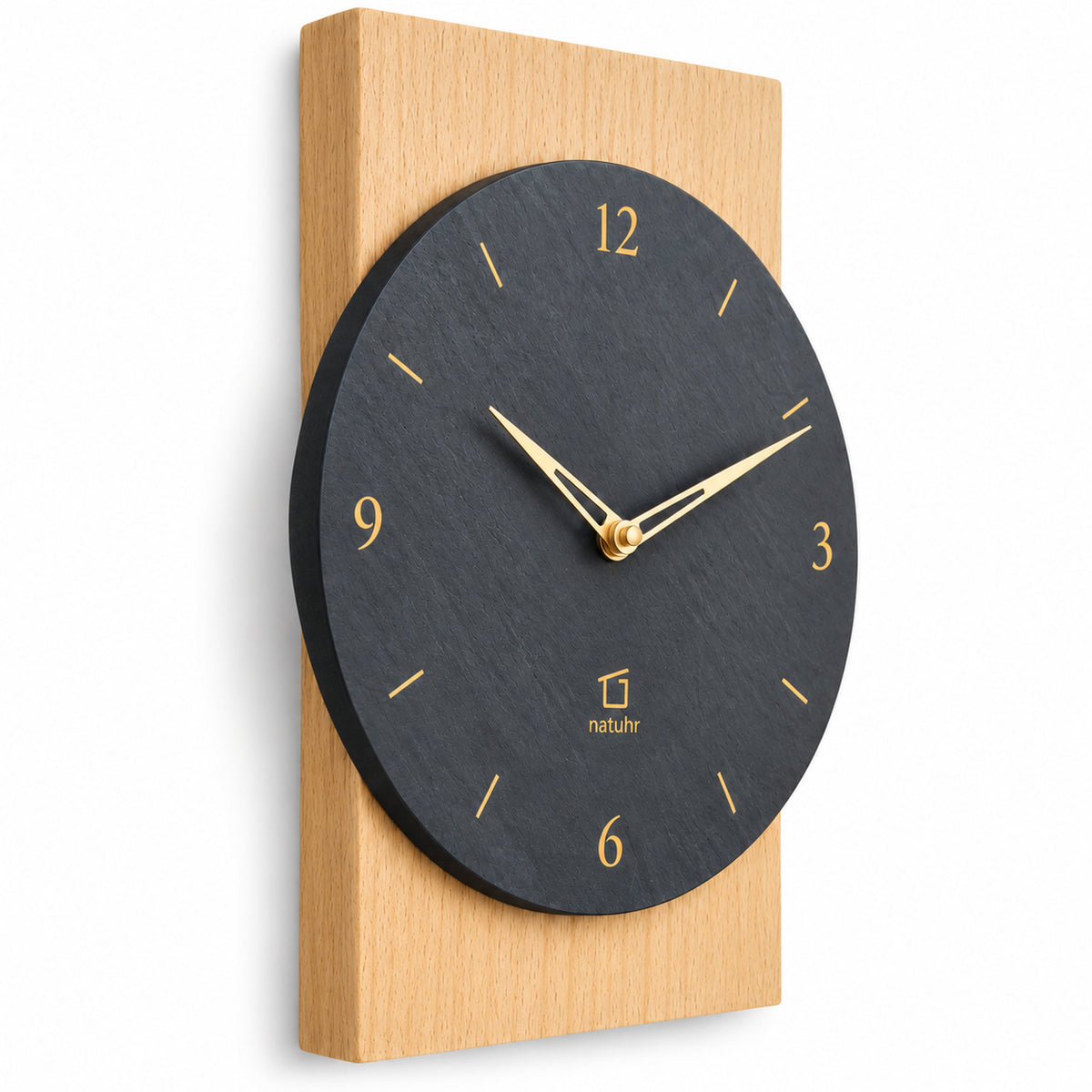 Natuhr W8000B Steineiche Quarzwanduhr aus Massivholz Buche mit Schiefer
