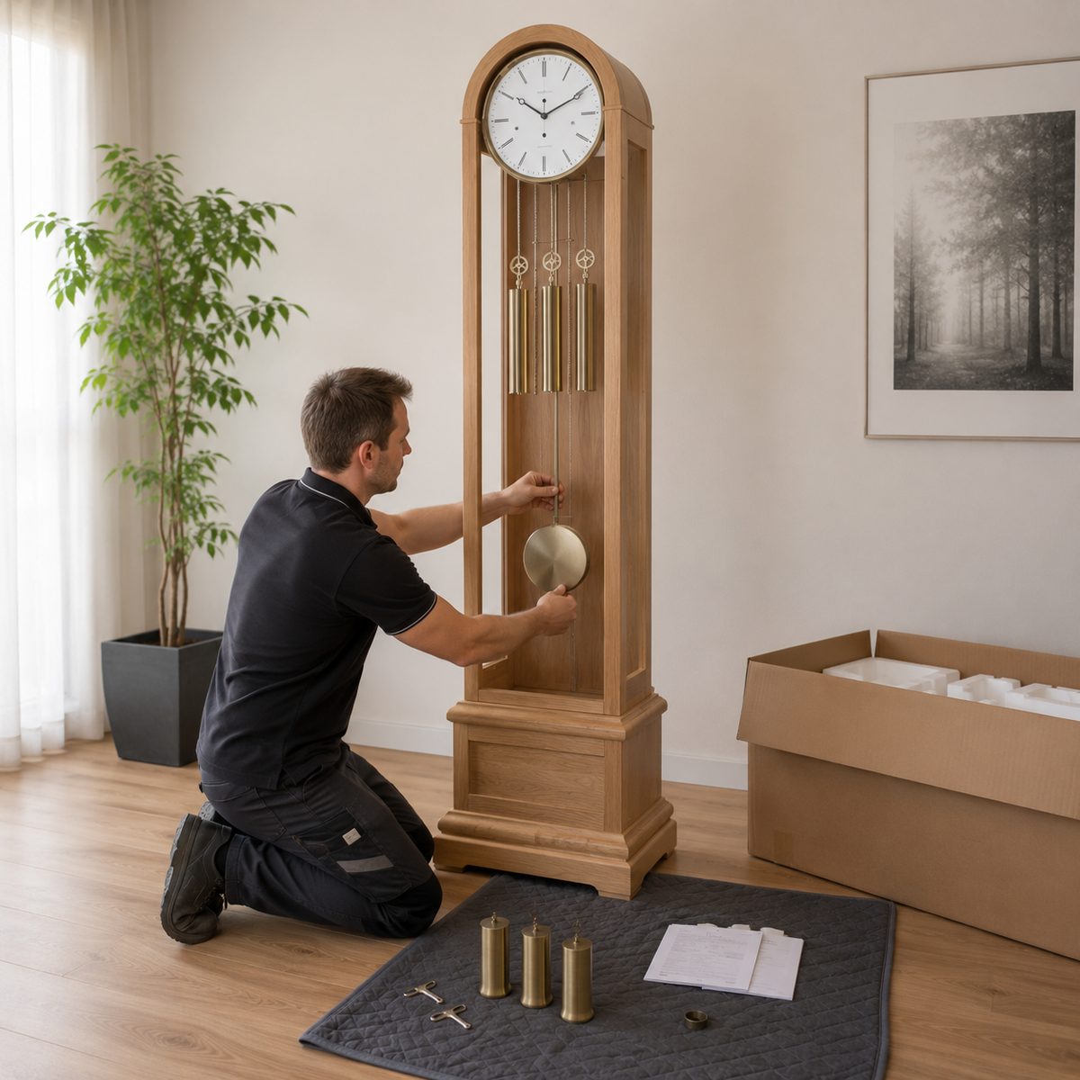 Wie wird eine Standuhr geliefert und aufgebaut?