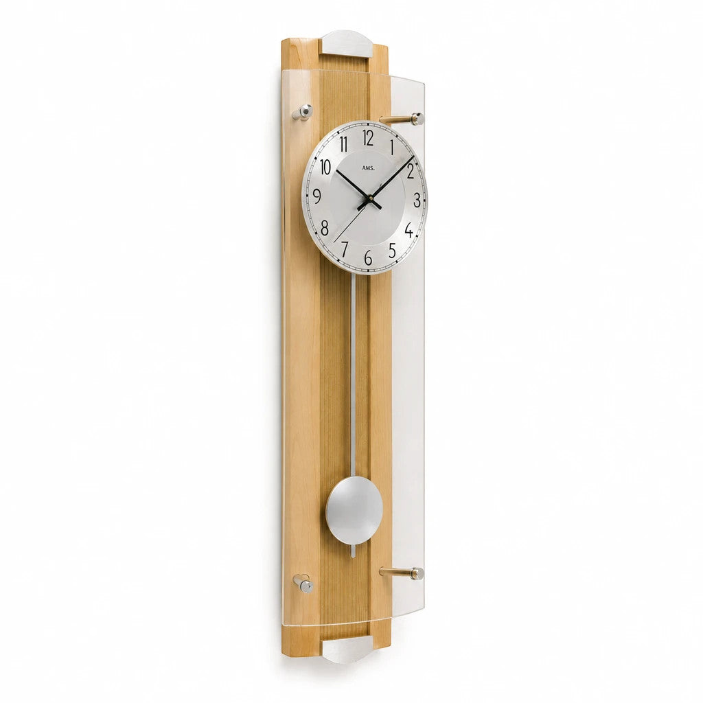 Standuhren.com 🕰️ AMS Funk-Pendelwanduhr aus hellem Buchen-Massivholz mit Aluminium-Zifferblatt und Mineralglas