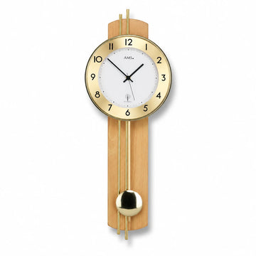 Standuhren.com 🕰️ AMS Funk-Pendeluhr mit heller Buchenholz-Rückwand, goldenem Aluminium-Zifferblatt und Mineralglas.