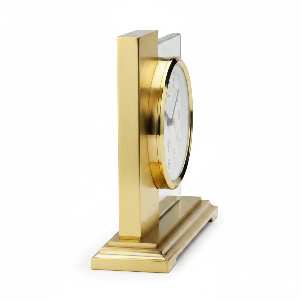 Standuhren.com 🕰️ AMS F5141 Funk-Tischuhr in Gold mit Metallgehäuse, Mineralglas und modernem Design in Seitenansicht