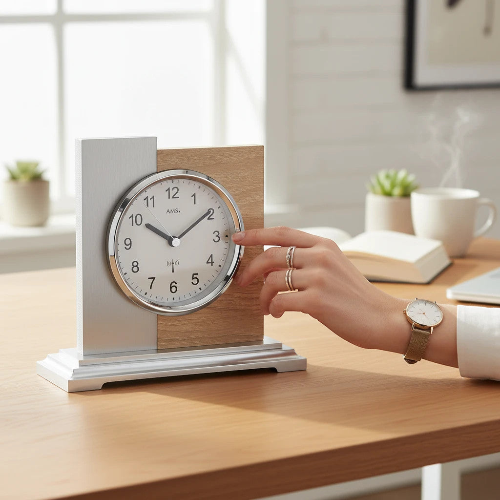 Standuhren.com 🕰️ AMS F5151 Funk-Tischuhr aus Holz und Aluminium auf einem Schreibtisch mit Hand
