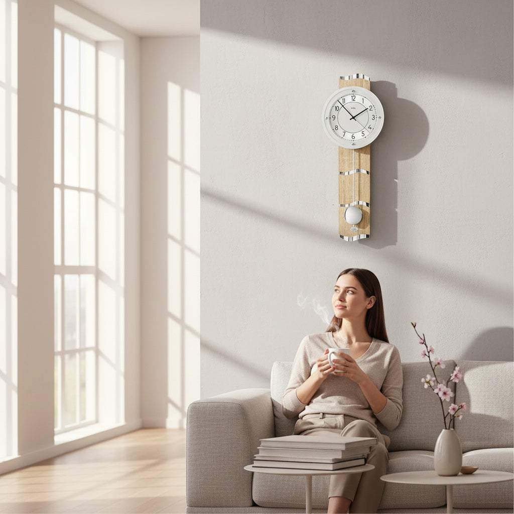 Standuhren.com 🕰️ AMS F5214 Funk-Pendelwanduhr mit geschwungener Sonoma-Holzoptik und Aluminium in modernem Wohnzimmer
