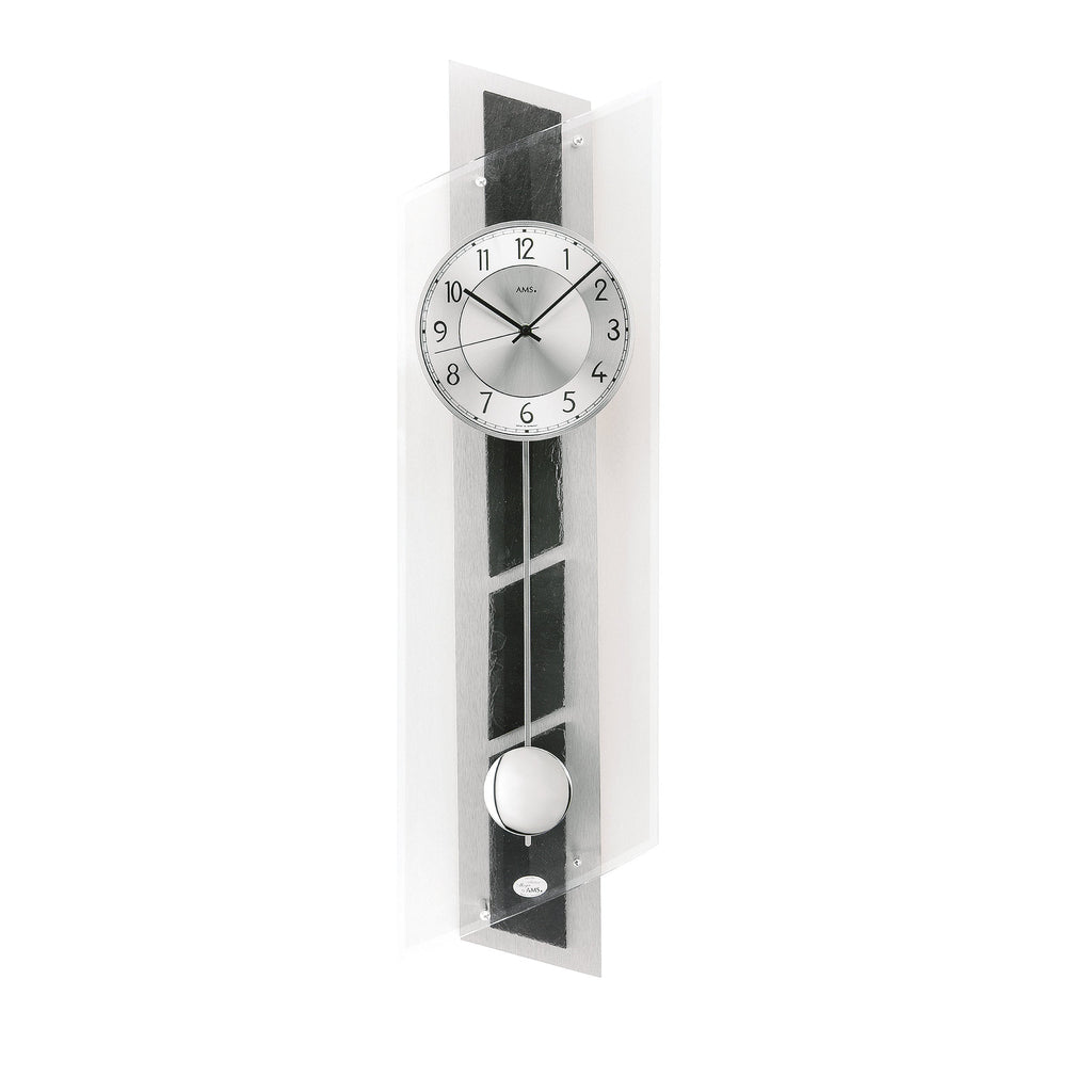 Standuhren.com 🕰️ AMS F5217 Funkwanduhr mit Pendel, Aluminium, Schiefer und Mineralglas in modernem Design