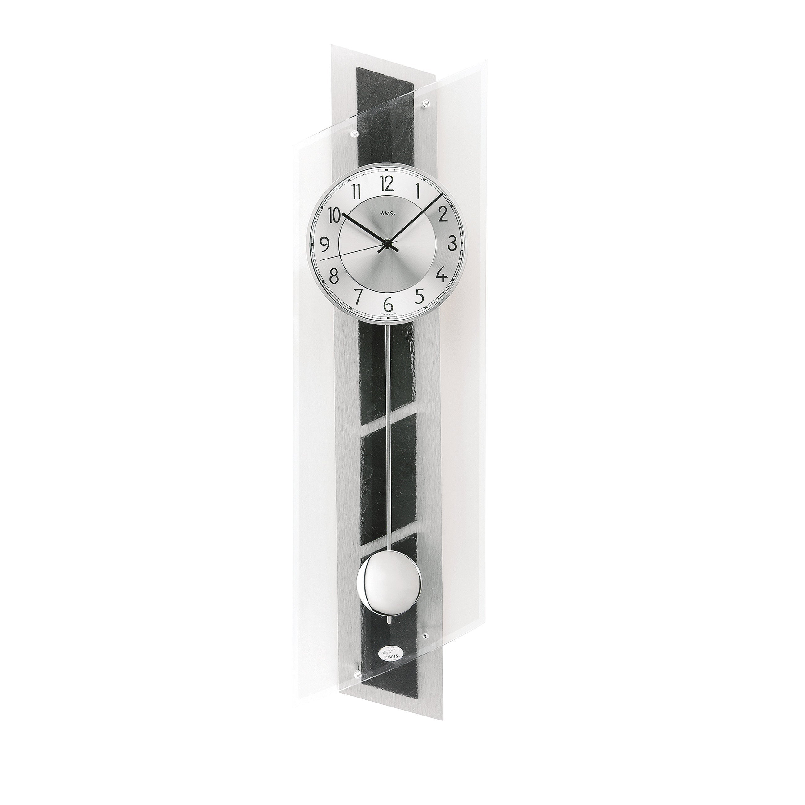Standuhren.com 🕰️ AMS F5217 Funkwanduhr mit Pendel, Aluminium, Schiefer und Mineralglas in modernem Design