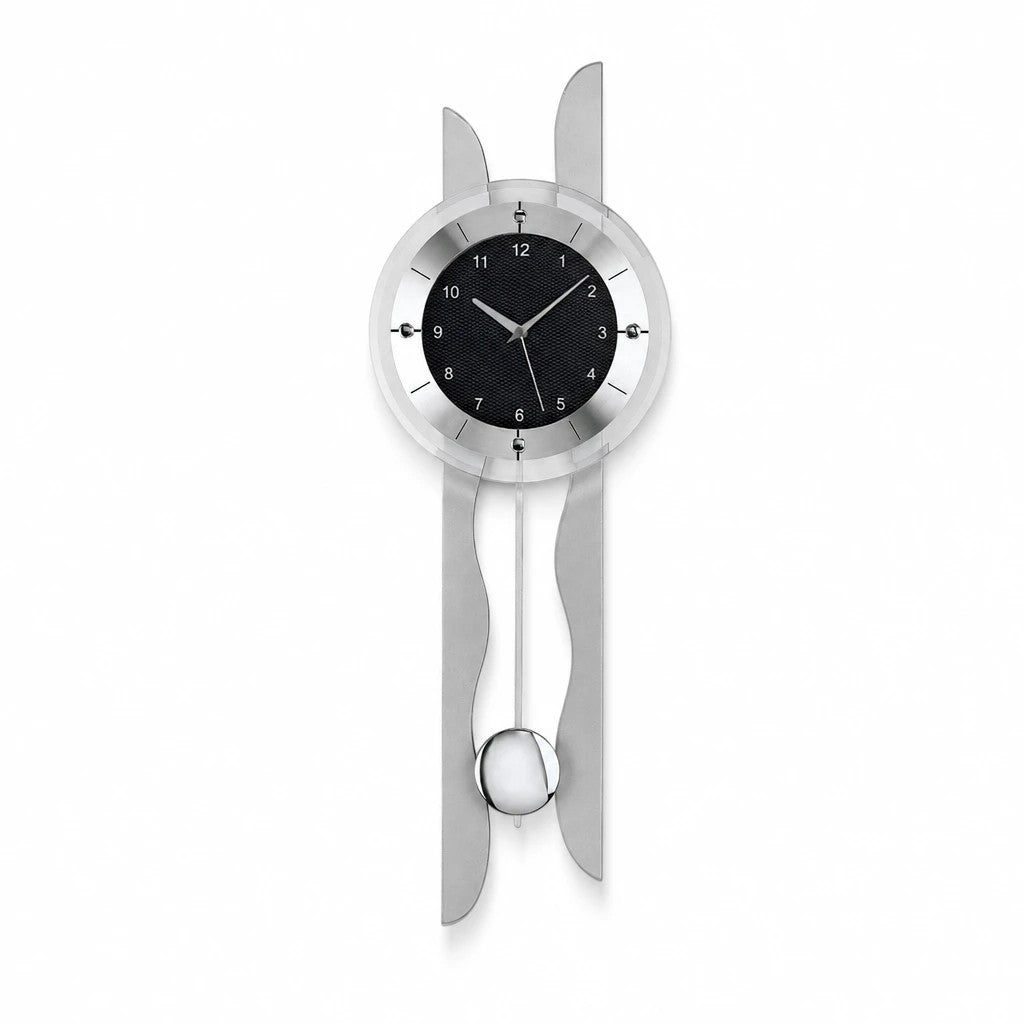 Standuhren.com 🕰️ AMS F5243 Funk-Pendeluhr mit silberner Holzrückwand, Aluminium-Frontreif und schwarzem Zifferblatt.