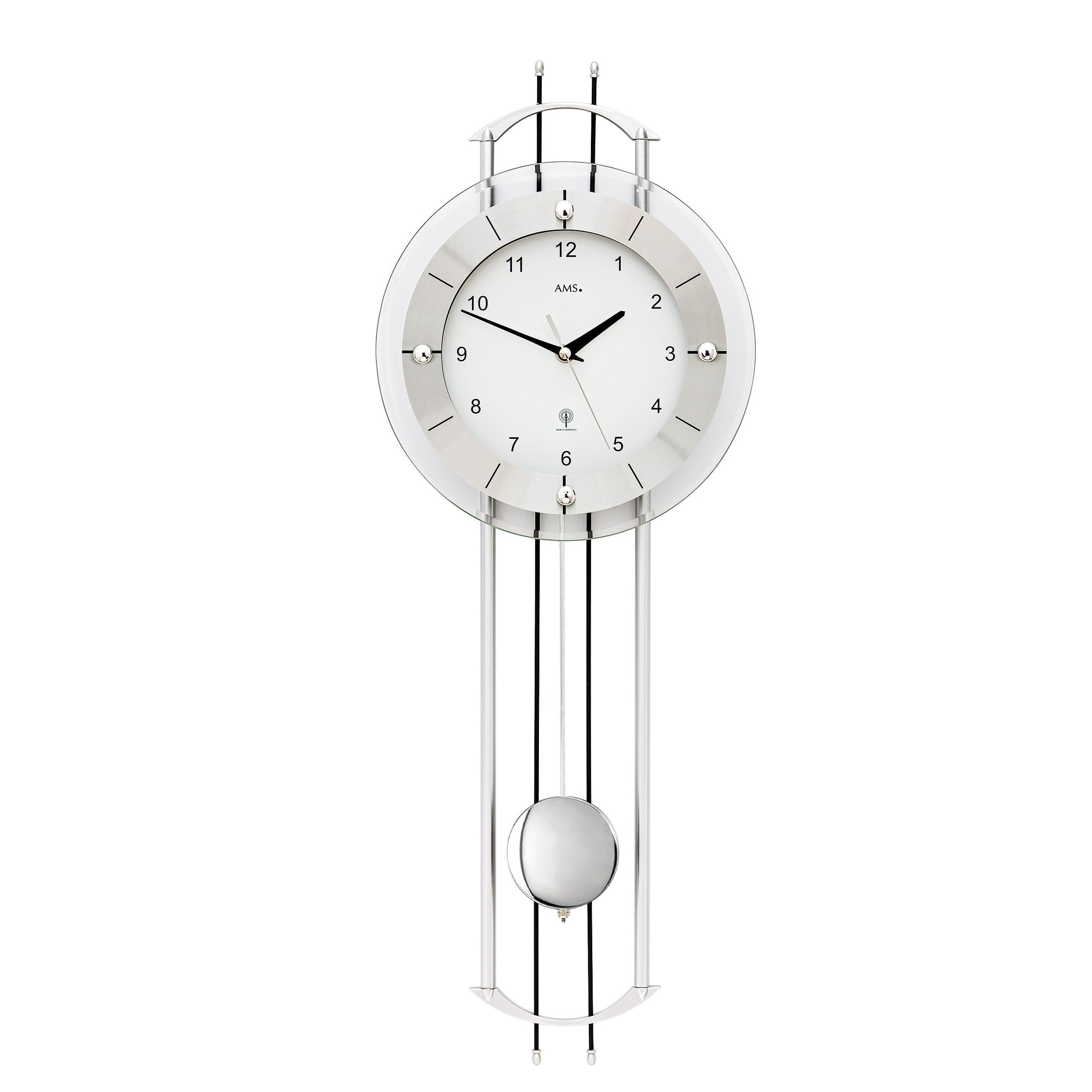 Standuhren.com 🕰️ AMS F5248 Funkwanduhr mit Pendel, Aluminium-Frontreif und modernen lackierten Metallstäben