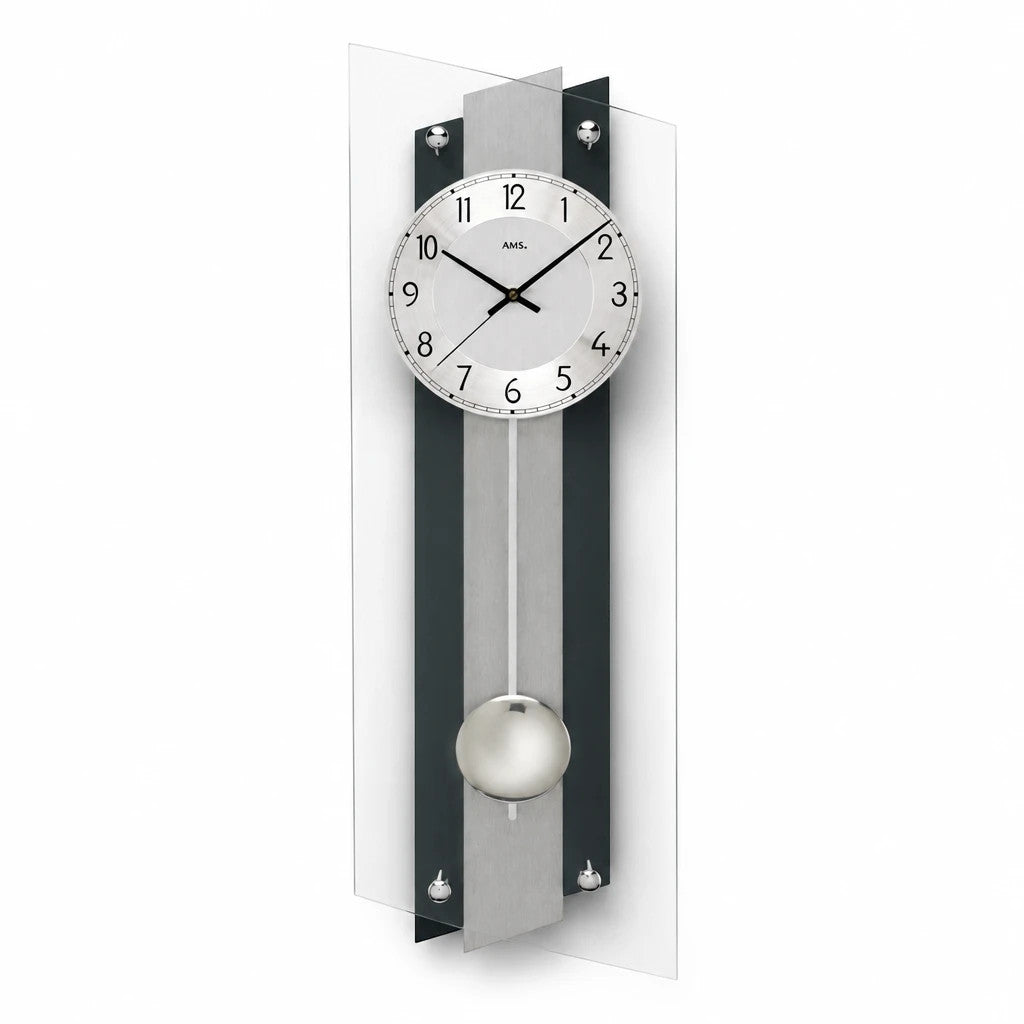 Standuhren.com 🕰️ AMS F5262 Funk-Pendelwanduhr mit schwarzer Holzrückwand, Aluminium-Zifferblatt und Mineralglas.