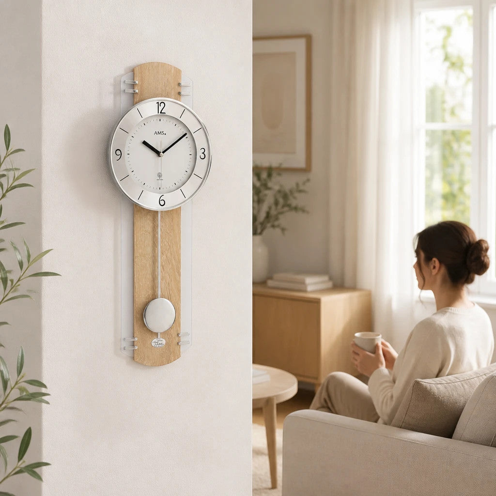 Standuhren.com 🕰️ AMS F5291 Funk-Pendelwanduhr in heller Sonoma-Holzoptik mit Aluminium-Akzenten und Mineralglas