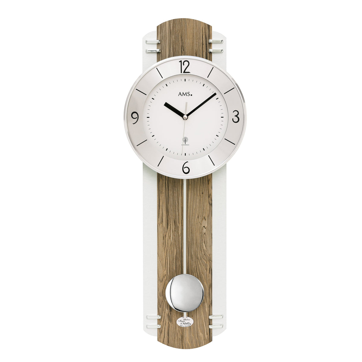 Standuhren.com 🕰️ AMS F5292 Funkwanduhr mit Nussbaumdekor, Aluminium-Elementen und Pendel in modernem Design.