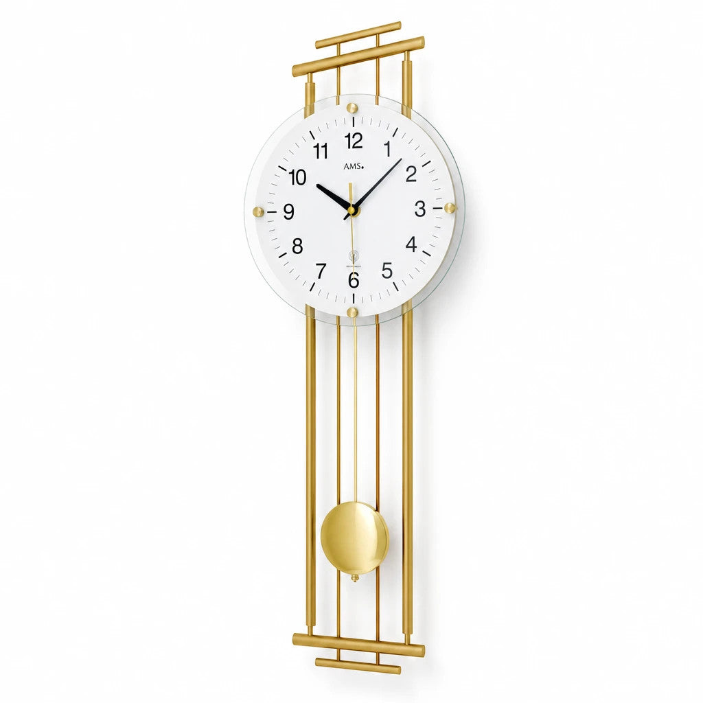 Standuhren.com 🕰️ AMS F5315 Funk-Pendelwanduhr mit messinglackiertem Metallgehäuse und weißem Zifferblatt