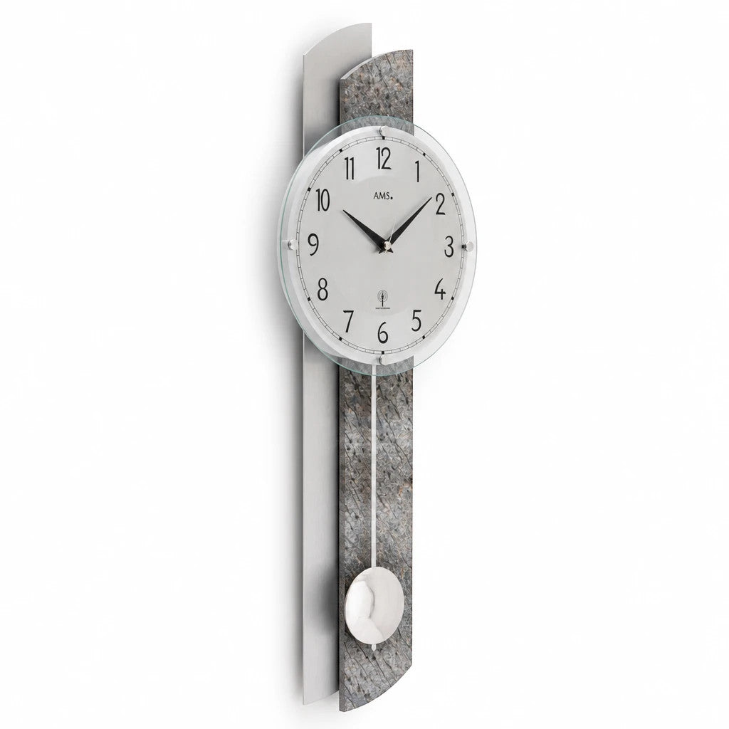 Standuhren.com 🕰️ AMS F5322 Funk-Pendelwanduhr mit modernem silberfarbenem Holzgehäuse, Aluminium-Elementen und Mineralglas