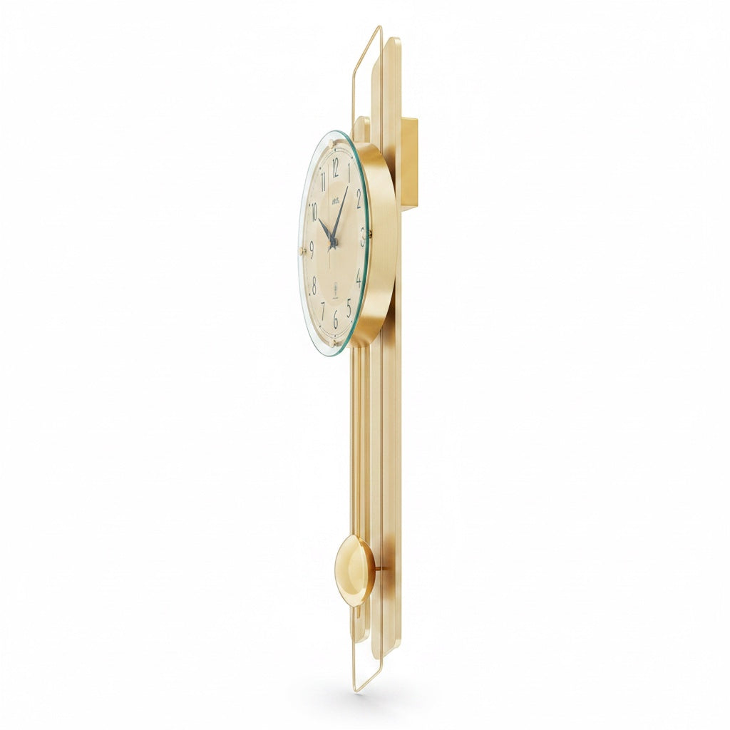 Standuhren.com 🕰️ AMS F5329 Funk-Pendelwanduhr mit goldenem Holzgehäuse, Messing-Applikationen und Mineralglas-Front