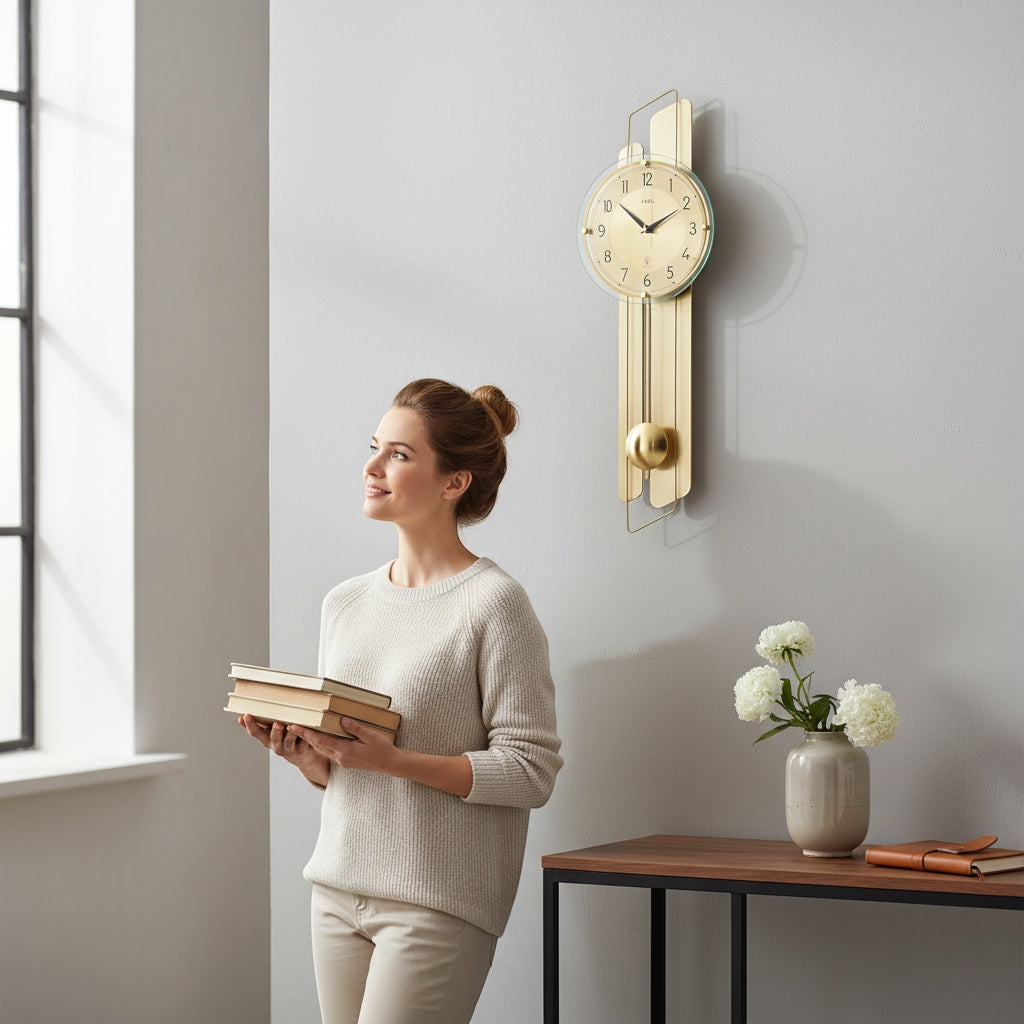 Standuhren.com 🕰️ AMS F5329 Funk-Pendelwanduhr aus Holz und Messing in einem eleganten Wohnzimmer mit einer Frau.