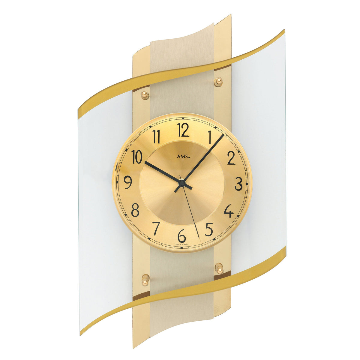 Standuhren.com 🕰️ AMS F5515 Funkwanduhr mit elegantem Holzgehäuse, goldenem Zifferblatt und facettiertem Mineralglas