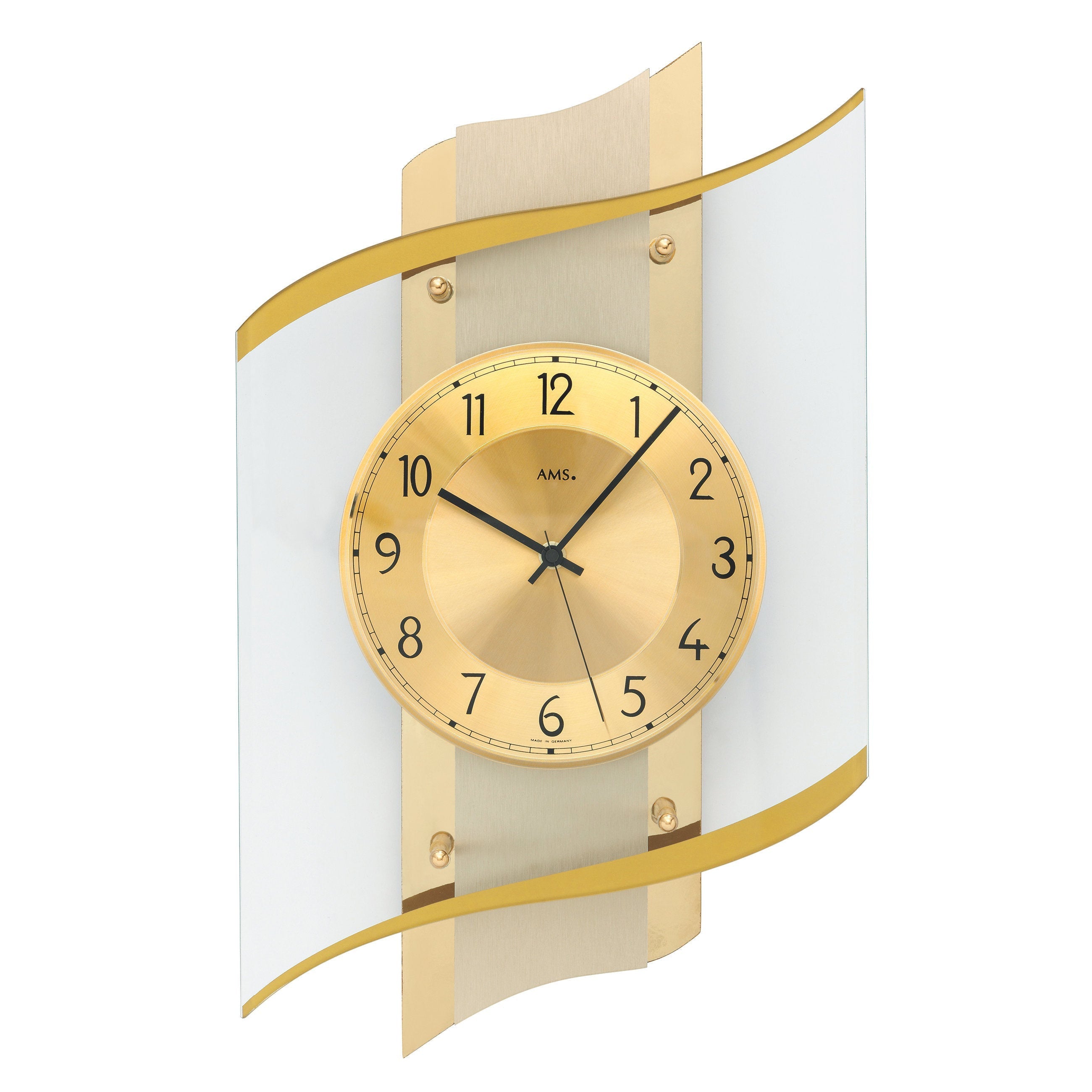 Standuhren.com 🕰️ AMS F5515 Funkwanduhr mit elegantem Holzgehäuse, goldenem Zifferblatt und facettiertem Mineralglas