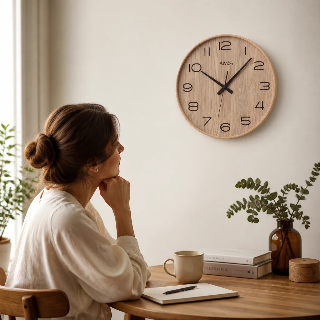 Standuhren.com 🕰️ AMS F5522 Funkwanduhr aus hellem Holz mit Mineralglas an einer Wand über einem Schreibtisch