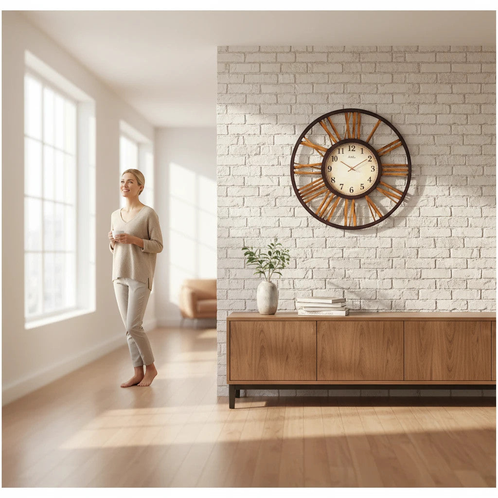 Standuhren.com 🕰️ AMS F5577 Funkwanduhr mit Metallgehäuse und Mineralglas an einer weißen Backsteinwand im Wohnzimmer