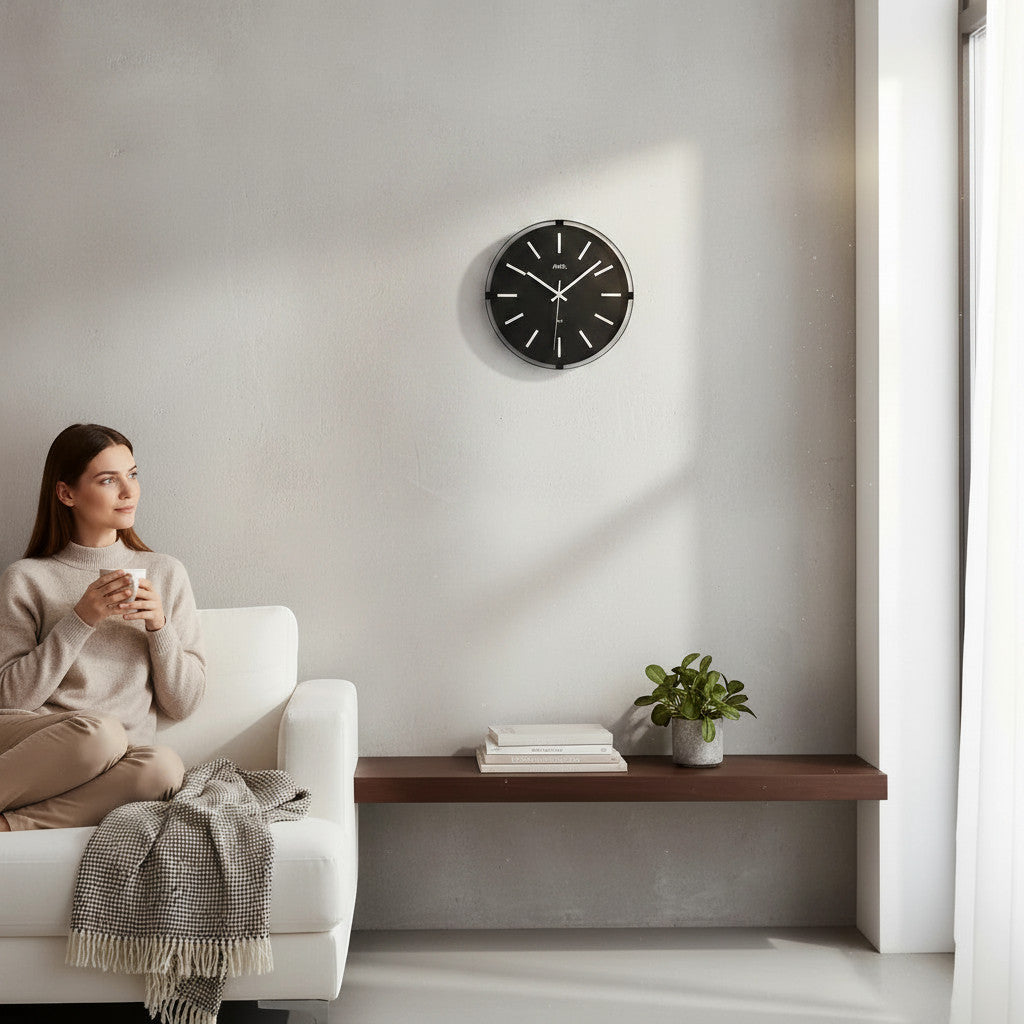 Standuhren.com 🕰️ AMS F5586 Funkwanduhr mit schwarzem Metallgehäuse und silbernem Zifferblatt in modernem Wohnzimmer