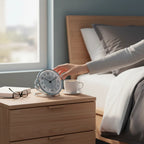 Standuhren.com 🕰️ AMS F5178 Funk-Tischuhr aus Aluminium mit Mineralglas auf einem Nachttisch im Schlafzimmer