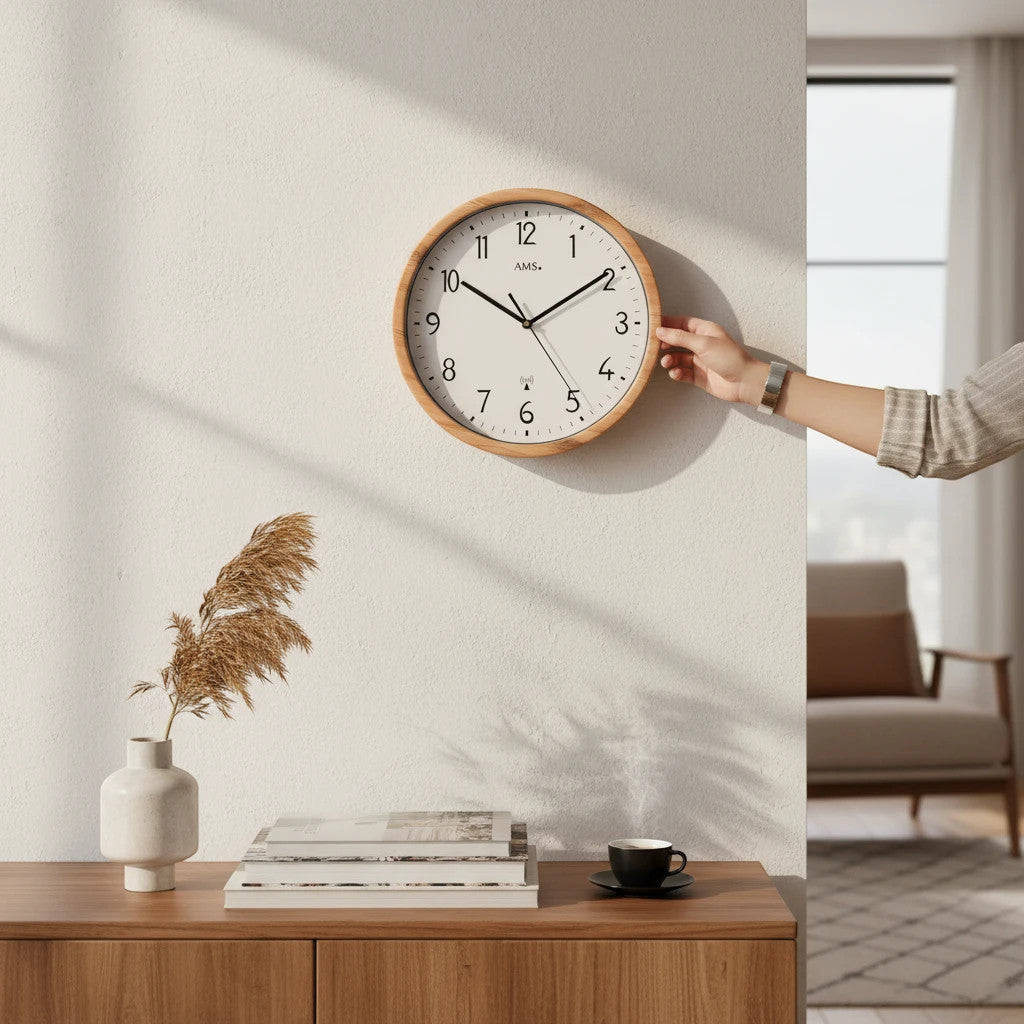 Standuhren.com AMS Funkwanduhr mit Kunststoffgehäuse in Holzoptik und weißem Zifferblatt an einer hellen Wand