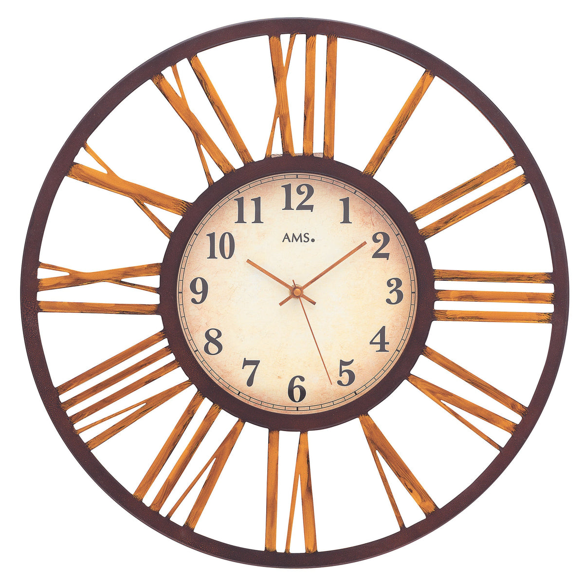 Standuhren.com 🕰️ AMS F5577 Funkwanduhr mit Metallgehäuse, Mineralglas und großen römischen Ziffern im Vintage-Stil
