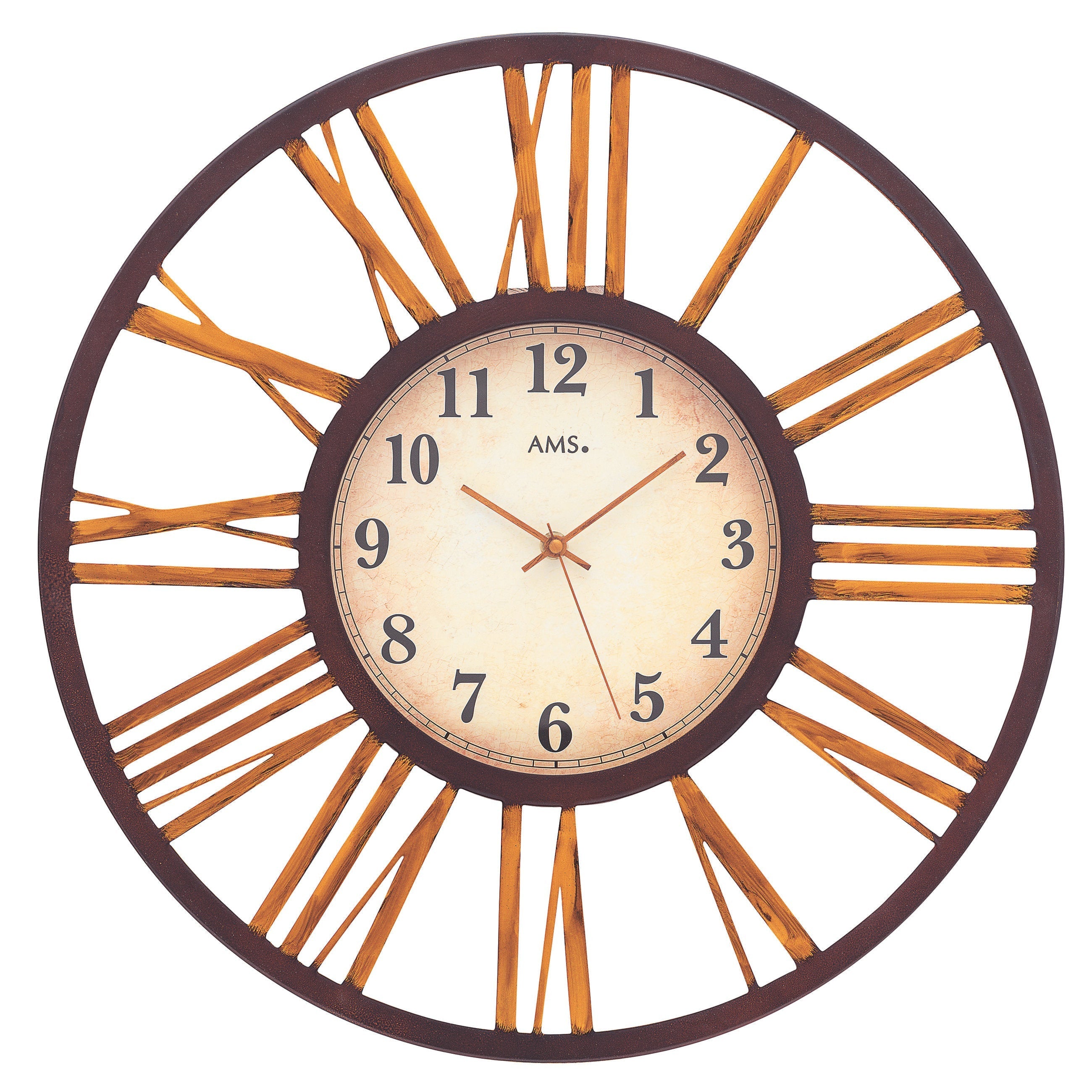 Standuhren.com 🕰️ AMS F5577 Funkwanduhr mit Metallgehäuse, Mineralglas und großen römischen Ziffern im Vintage-Stil