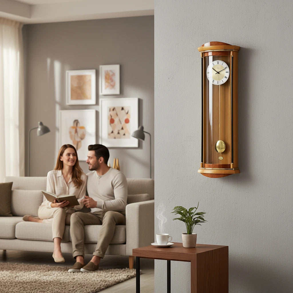 Standuhren.com AMS Funk-Pendelwanduhr aus Kirschbaum-Massivholz mit Wurzelholz-Pianofinish in einem Wohnzimmer