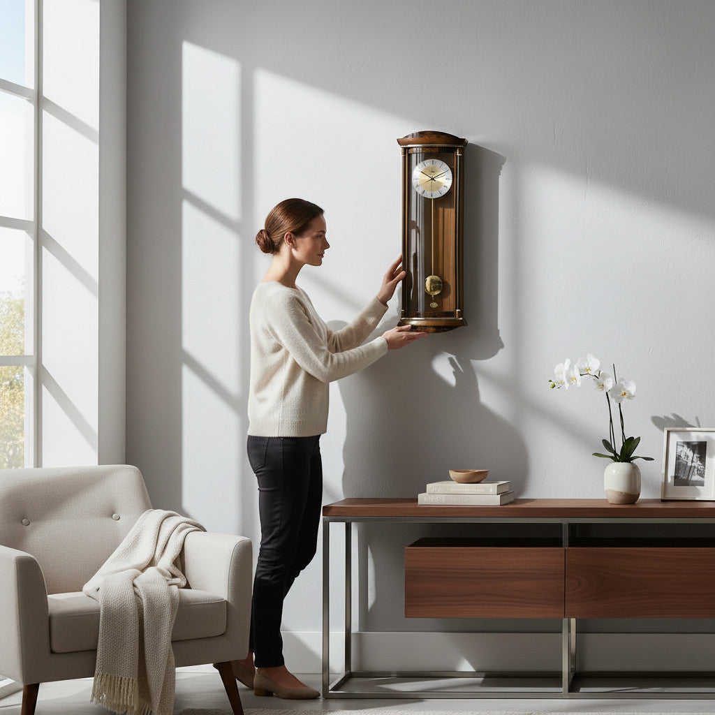 Standuhren.com 🕰️ AMS Pendel-Funkwanduhr aus Nussbaum-Massivholz mit Wurzelholz-Pianofinish an einer hellen Wand
