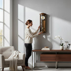 Standuhren.com 🕰️ AMS Pendel-Funkwanduhr aus Nussbaum-Massivholz mit Wurzelholz-Pianofinish an einer hellen Wand
