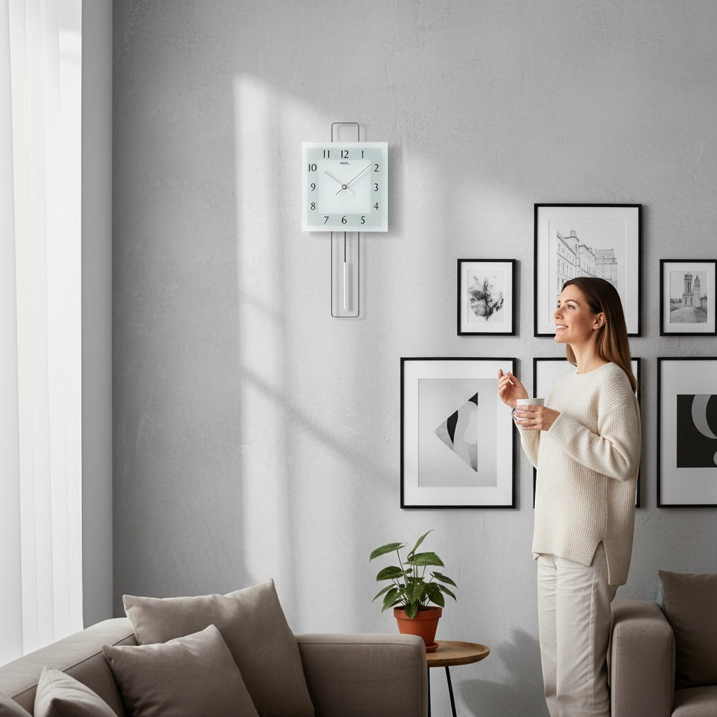 Standuhren.com 🕰️ AMS Pendelwanduhr mit Metall-Design und Mineralglas in einem modernen Wohnzimmer