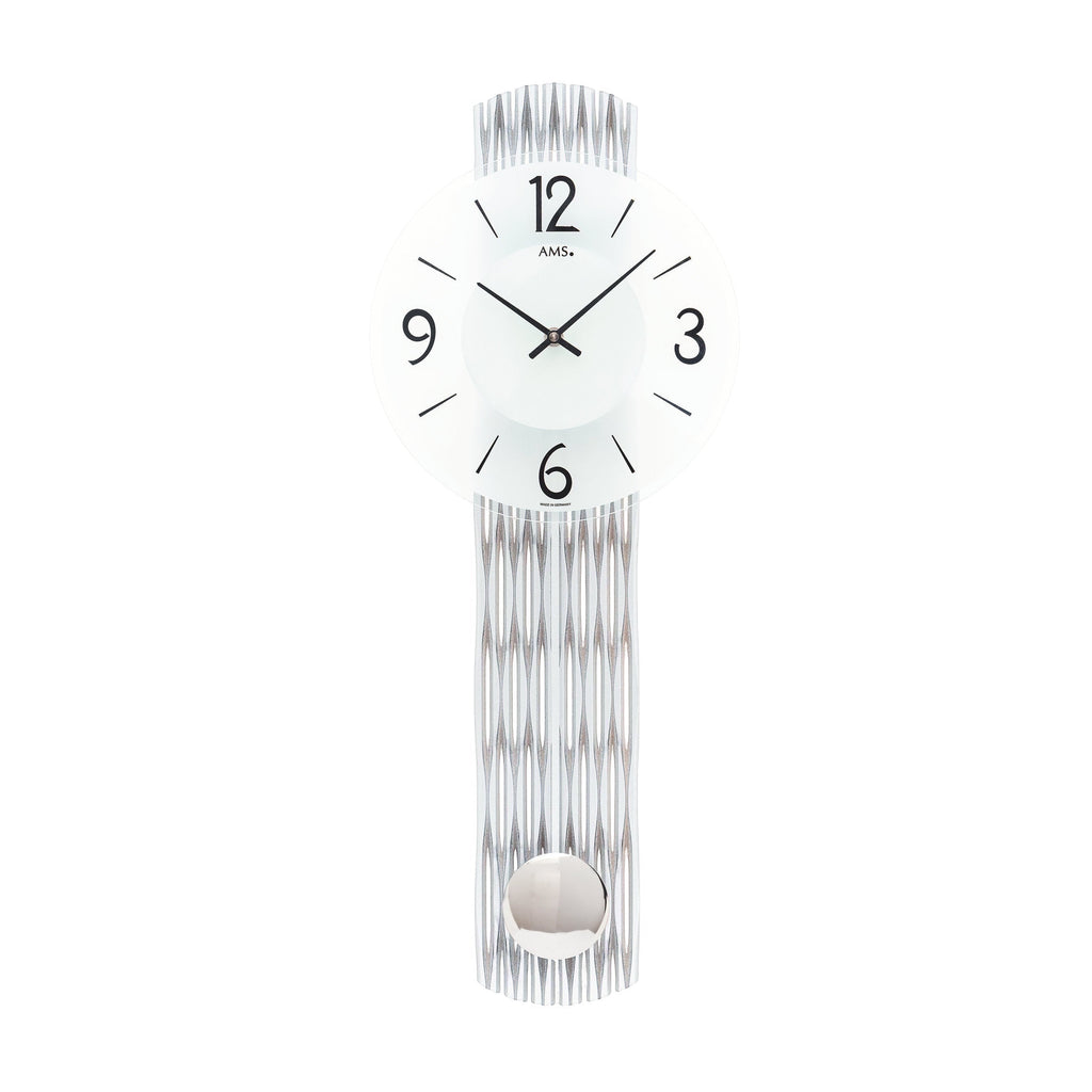 Standuhren.com 🕰️ AMS W7506 Pendelwanduhr mit silberfarbenem Holzgehäuse, Mineralglas-Zifferblatt und Quarz-Pendelwerk