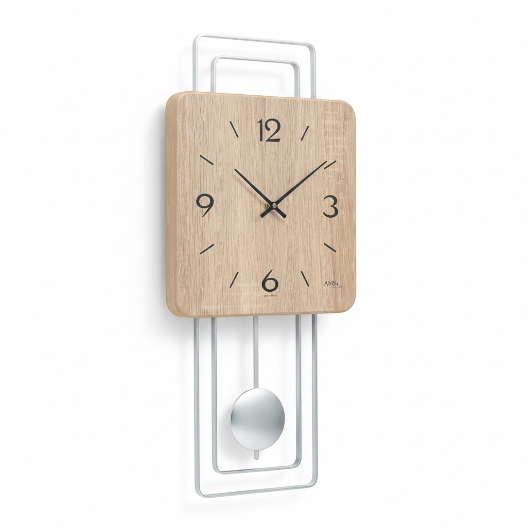 Standuhren.com 🕰️ AMS W7502 Pendelwanduhr mit Holzgehäuse in Sonoma-Optik und silberfarbenem Metallpendel