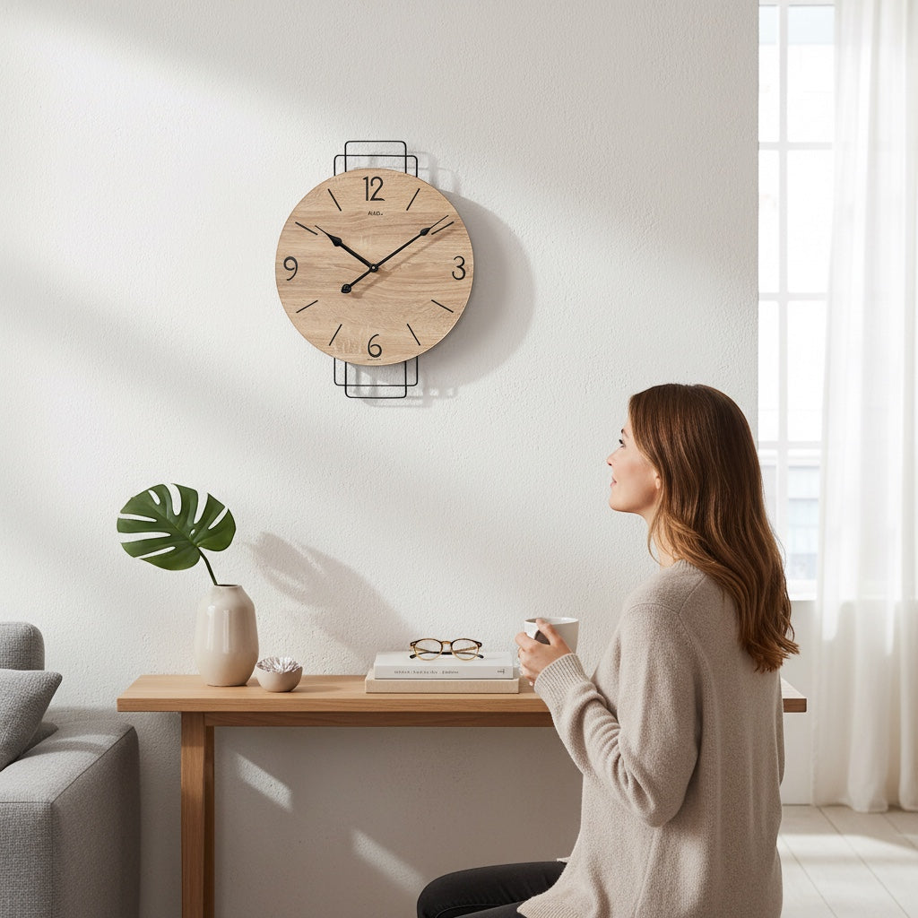 Standuhren.com 🕰️ AMS W9687 Wanduhr mit Sonoma-Holzoptik und schwarzem Metallrahmen in modernem Wohnzimmer