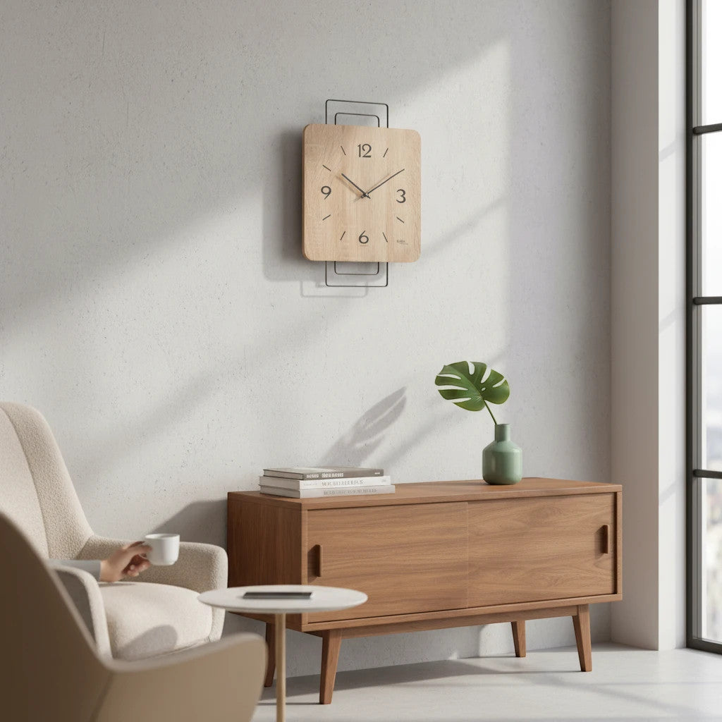Standuhren.com 🕰️ AMS W9692 Wanduhr mit modernem Metall-Design und hellem Sonoma-Holz-Zifferblatt in einem Wohnzimmer